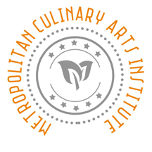 Round logo with the words "Metropolitan Culinary Arts Institute" in orange encircling a central gray emblem of two overlapping leaves and stars.