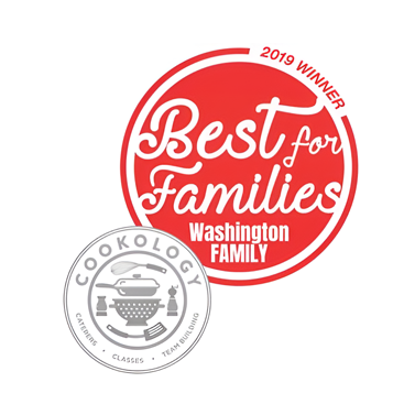 A circular badge with "Best for Families, Washington Family, 2019 Winner" in red. Below is a gray Cookology logo featuring a colander and utensils.