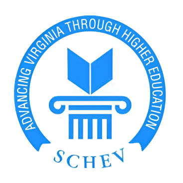 Logo of SCHEV featuring a blue open book above a column design, surrounded by the text "Advancing Virginia Through Higher Education.